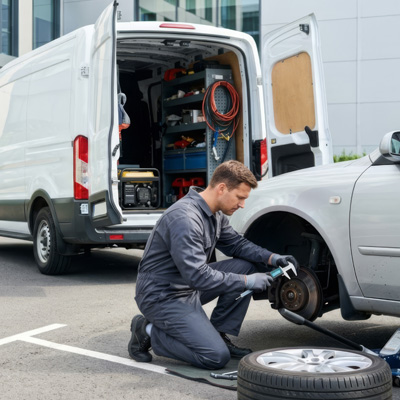 Mobile mechanic repairing a car on a driveway